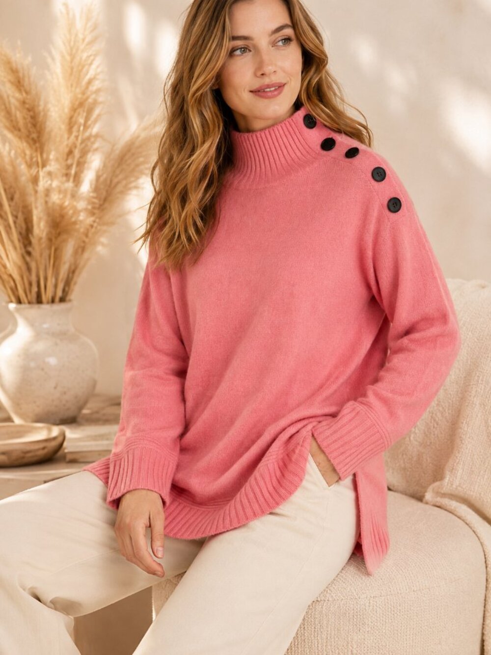 Anthropologie Margarita Pink Button Shoulder Mock Neck Tunic Sweater XS